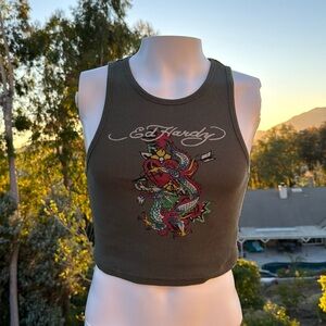 Vintage Y2K ed hardy trendy green crop tee sz L